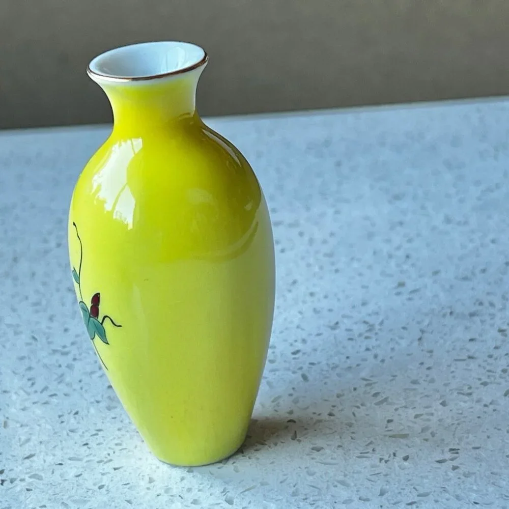 Miniature Japan Porcelain Vases Set Of 2 Yellow & Blue Floral Design vintage